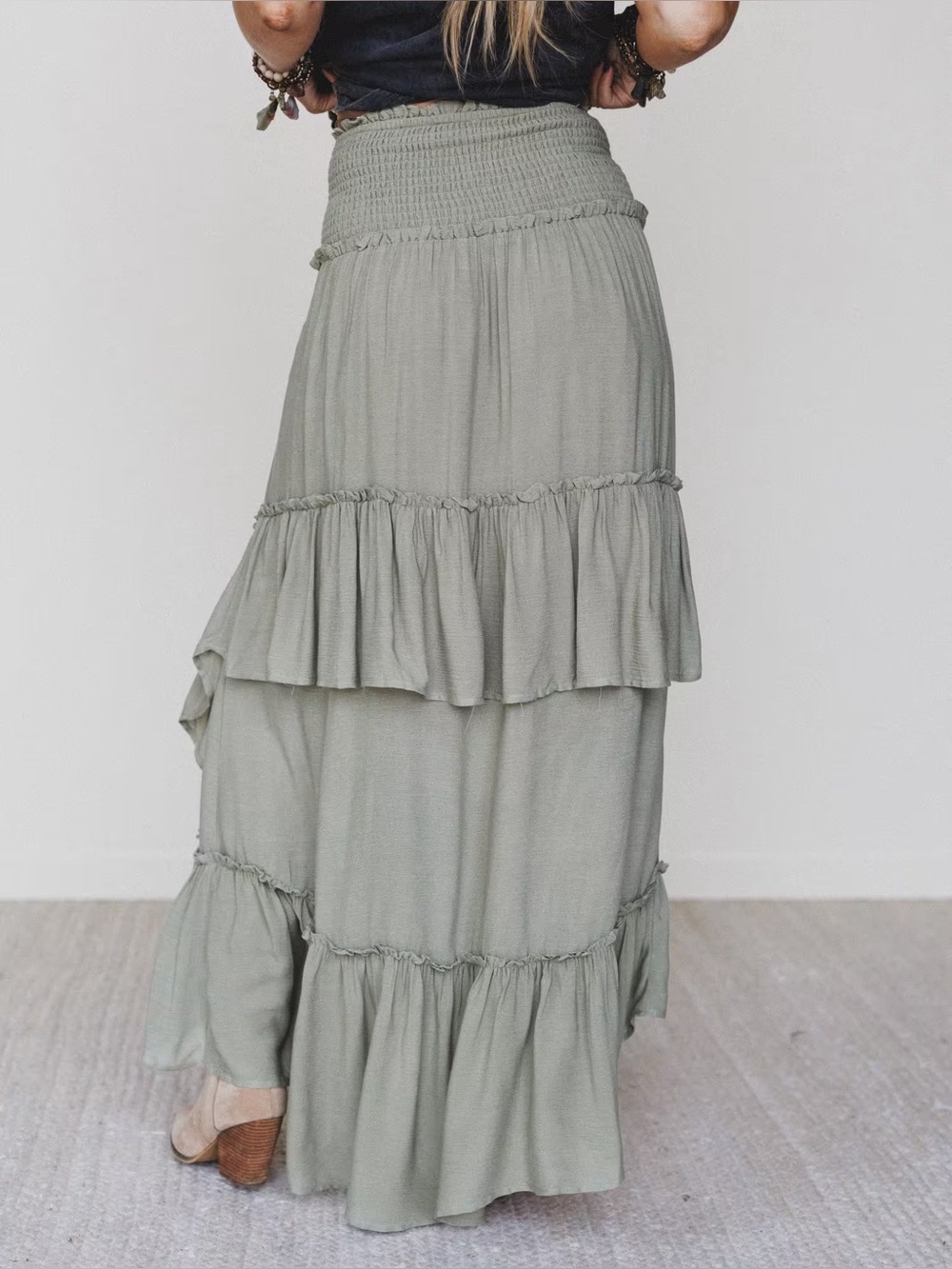 Three Bird Nest Boho Tiered Maxi Skirt in Olive Green - Picture 5 of 8